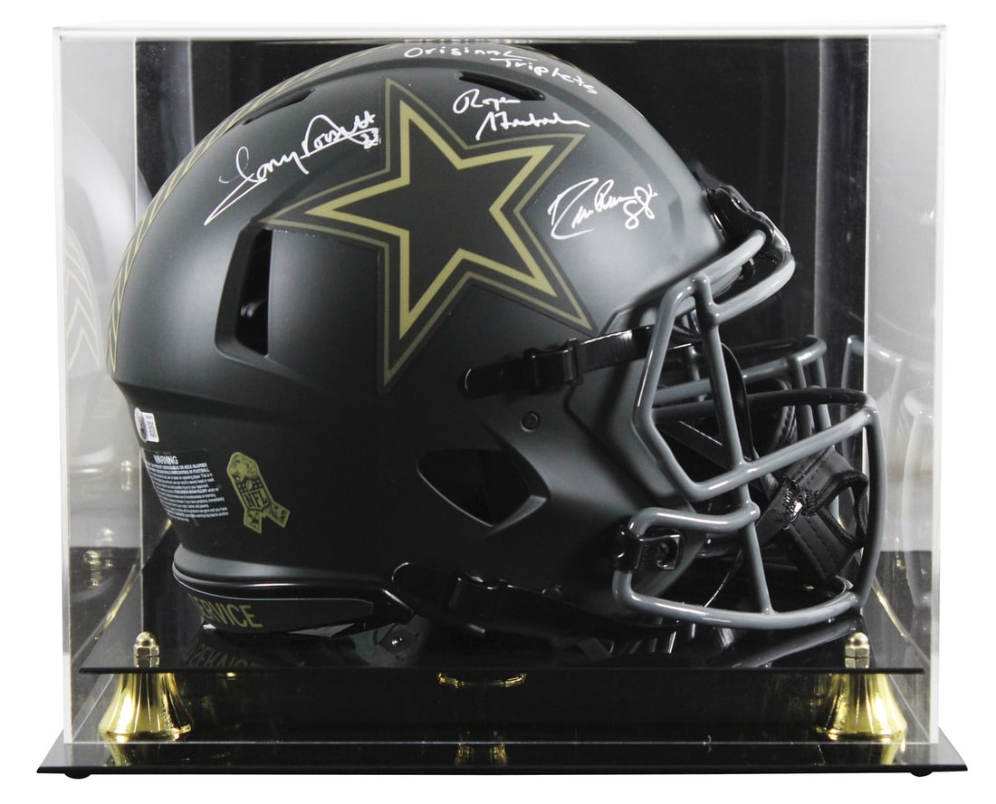 Drew Pearson Roger Staubach Tony Dorsett Signed Dallas Cowboys Helmet with Beckett Authentication: Drew Pearson Roger Staubach Tony Dorsett Signed Dallas Cowboys Helmet with Beckett Authentication This Full Size Speed Proline Helmet features the signatures of NFL legends Drew Pearson, Roger Staubac