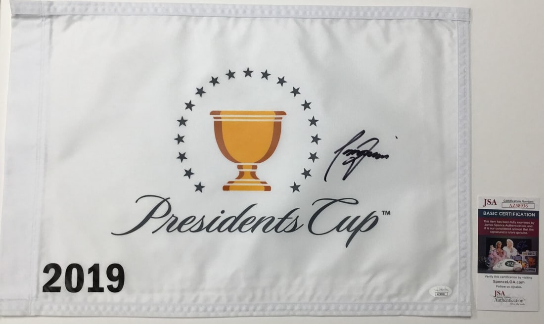 Tony Finau Signed Pin Flag The President's Cup 2019 JSA Authenticated: Tony Finau Signed Pin Flag The President's Cup 2019 JSA Authenticated Celebrate the thrill of golf with this original signed pin flag from The President's Cup 2019, featuring the autograph of PGA star