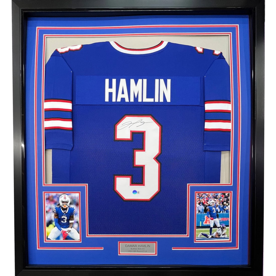Damar Hamlin Signed Buffalo Bills Jersey Framed with BAS COA: Damar Hamlin Signed Buffalo Bills Jersey Framed with BAS COA This professionally framed and autographed Damar Hamlin Buffalo Bills jersey is a must-have for any NFL fan. Featuring vibrant blue colors,