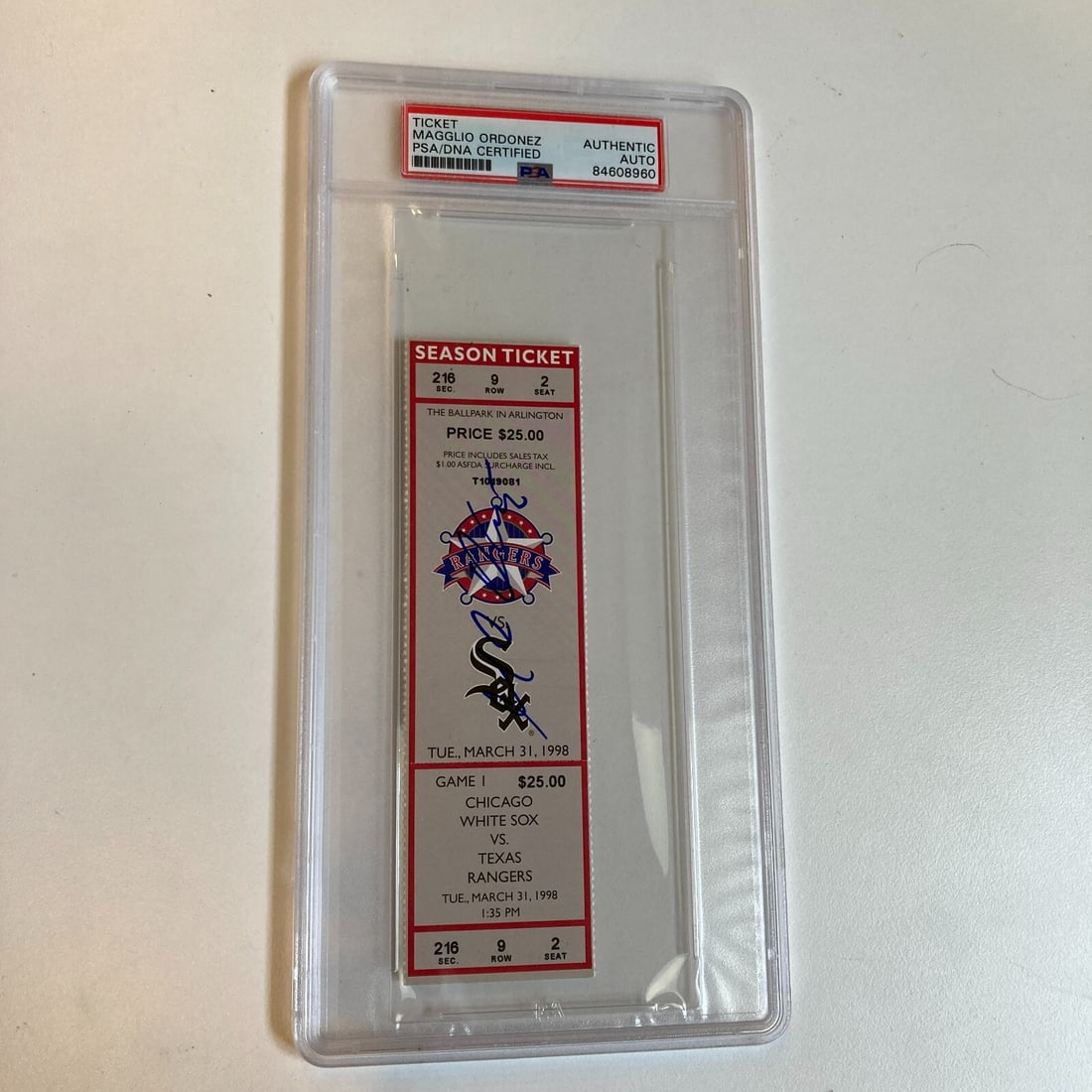 Magglio Ordonez Signed MLB Debut Ticket March 31 1998 PSA DNA: Magglio Ordonez Signed MLB Debut Ticket March 31 1998 PSA DNA Commemorate a significant moment in baseball history with this Magglio Ordonez signed MLB debut ticket from March 31, 1998. This original