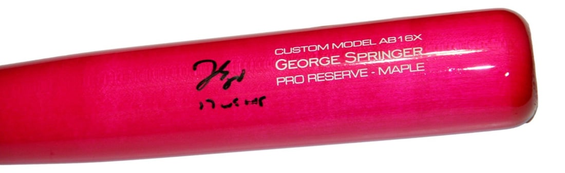 Victus Pink 33 Inch Bat Autographed by George Springer BAS Astros: Victus Pink 33 Inch Bat Autographed by George Springer BAS Astros This is a 33-inch pink Victus player model baseball bat signed by George Springer of the Houston Astros. The autograph is authenticate