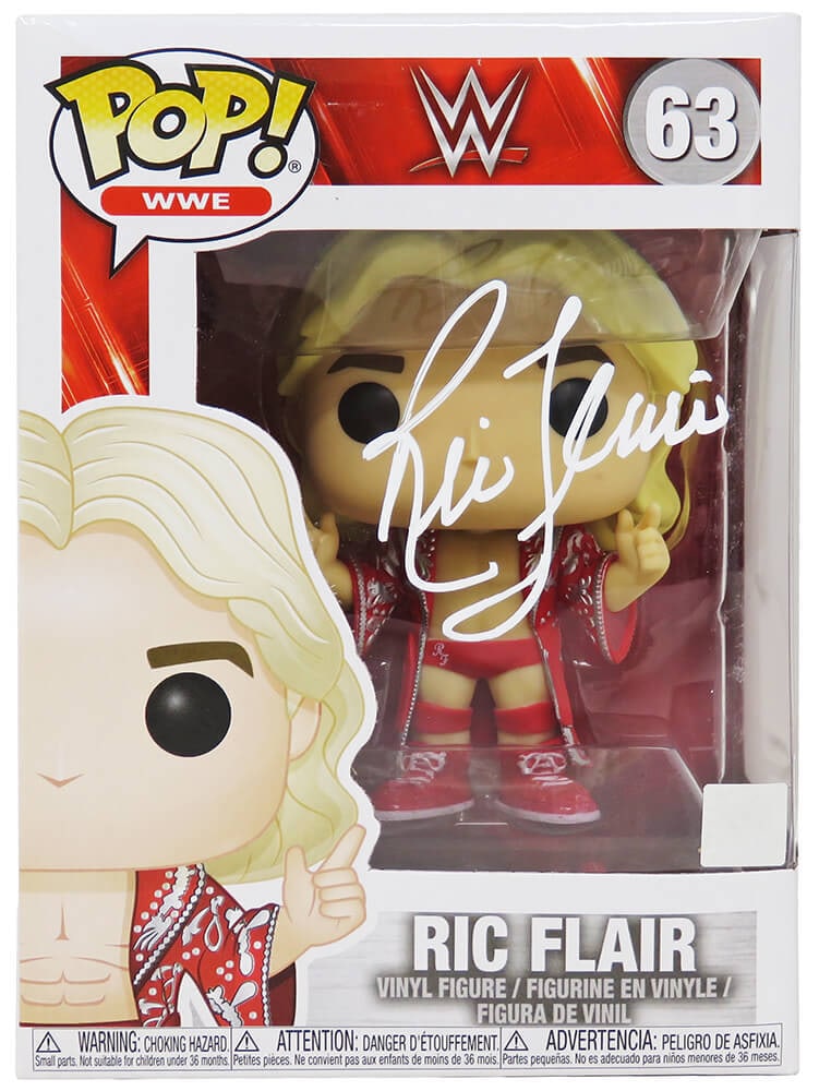 Ric Flair Signed WWE Funko Pop Doll #63 with COA: Ric Flair Signed WWE Funko Pop Doll #63 with COA This is a Ric Flair signed WWE Wrestling Funko Pop Doll #63, a must-have collectible for wrestling fans and Funko Pop collectors alike. The item featur
