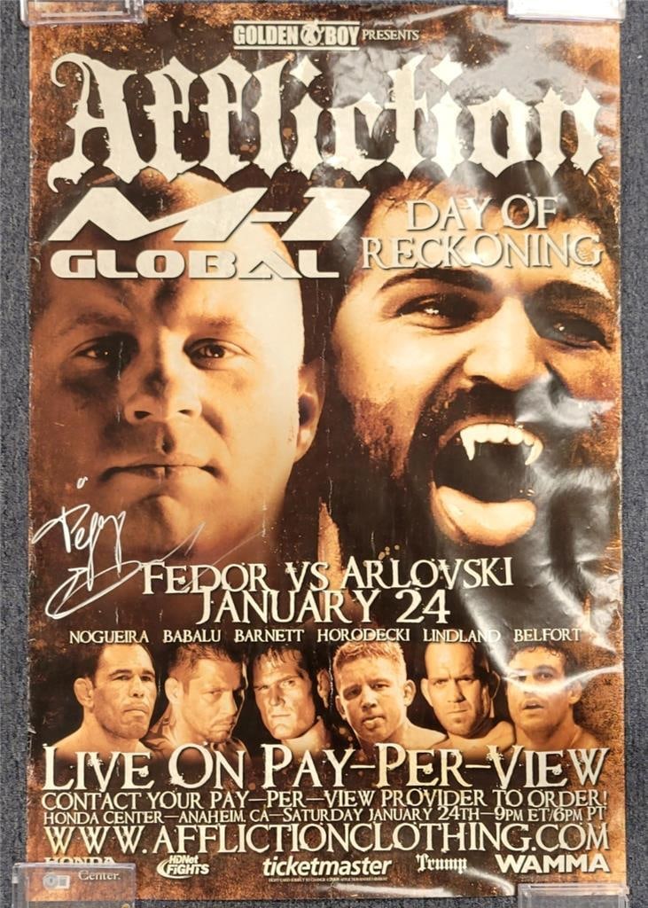 Fedor Emelianenko Signed 24x36 MMA Fight Poster Beckett Authenticated: Fedor Emelianenko Signed 24x36 MMA Fight Poster Beckett Authenticated This is an original 24x36 fight poster featuring Fedor Emelianenko, a renowned mixed martial artist, signed by the athlete himself