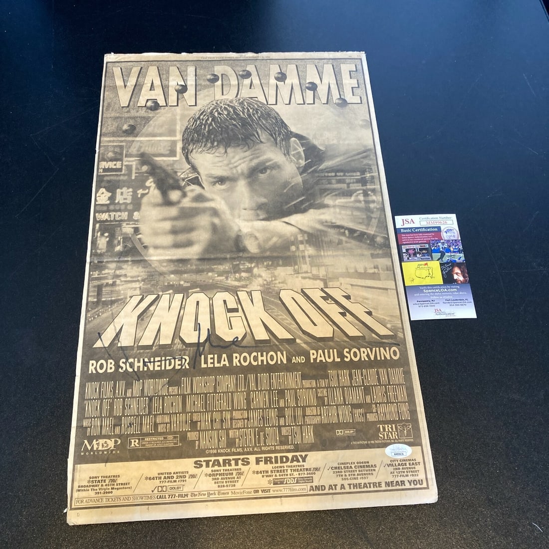 Jean-Claude Van Damme Signed Knock Off Movie Poster with JSA COA: Jean-Claude Van Damme Signed Knock Off Movie Poster with JSA COA This large movie poster for 'Knock Off' features an authentic signature from action star Jean-Claude Van Damme. Accompanied by a James