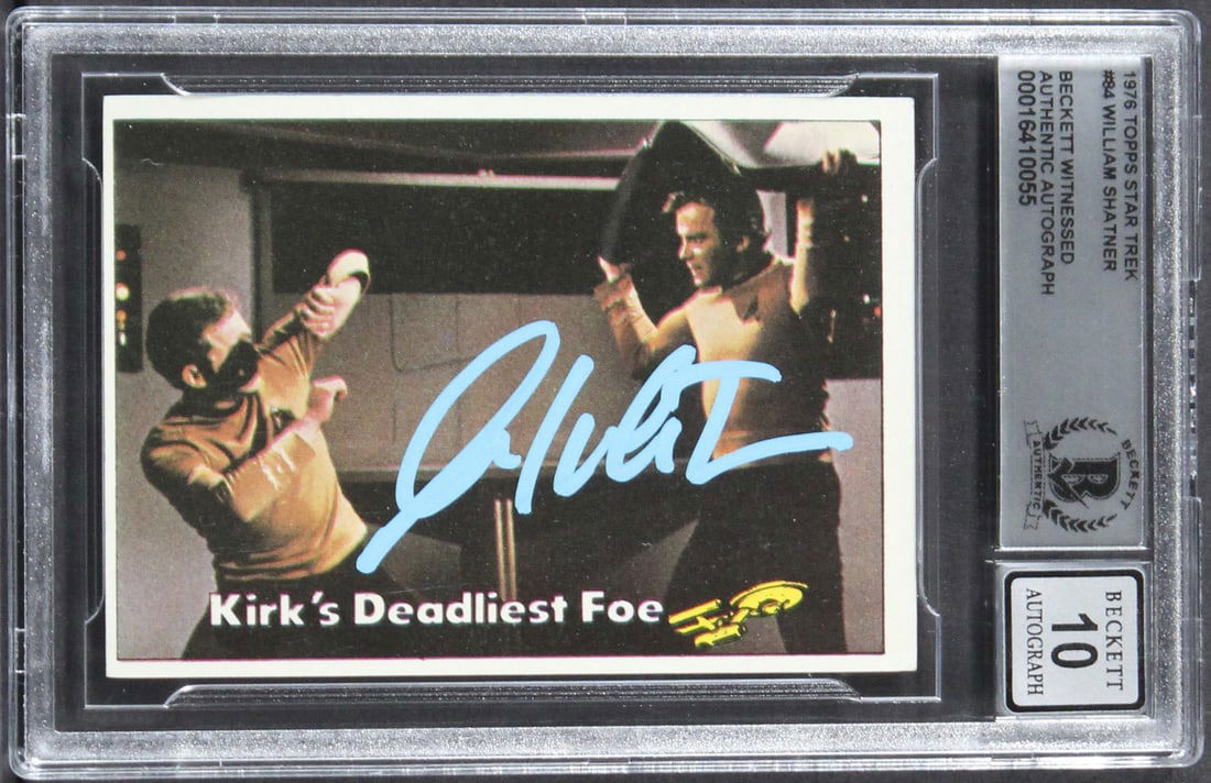 William Shatner Signed 1976 Topps Star Trek #84 Card Gem Mint 10 Beckett: William Shatner Signed 1976 Topps Star Trek #84 Card Gem Mint 10 Beckett This is a 1976 Topps Star Trek #84 trading card, personally signed by the legendary William Shatner, renowned for his role as C