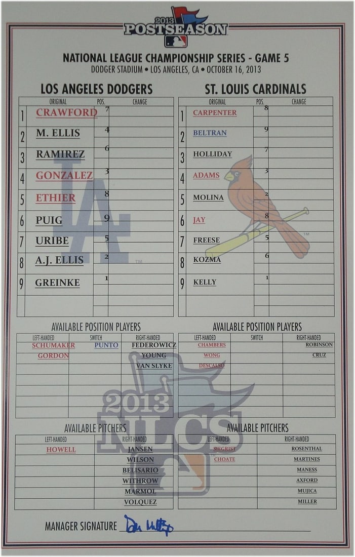 Authentic Los Angeles Dodgers Line Up Card Signed by Don Mattingly: Authentic Los Angeles Dodgers Line Up Card Signed by Don Mattingly This is an authentic Los Angeles Dodgers Line Up Card from the postseason game on October 16, 2013, featuring the matchup against the