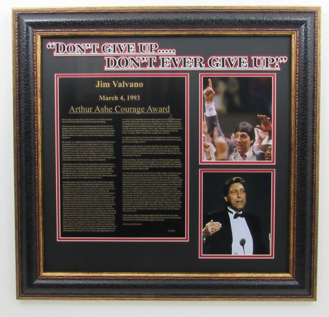Framed Collage Featuring Jimmy Valvano's Iconic 'Never Give Up' Speech: Framed Collage Featuring Jimmy Valvano's Iconic 'Never Give Up' Speech This is a framed collage featuring the inspiring "Never Give Up" speech by Jimmy Valvano, a significant piece in basketball memor