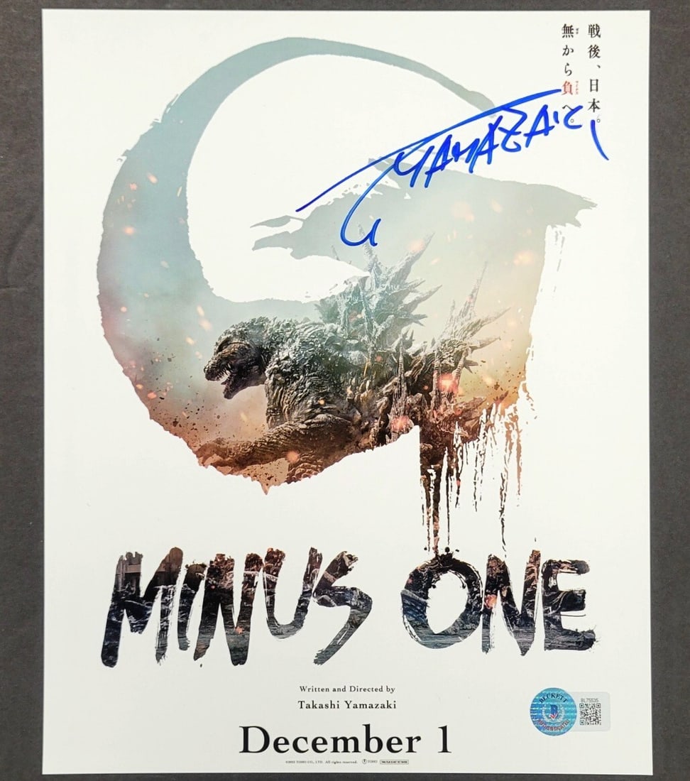 Takashi Yamazaki Autographed Godzilla Minus One 8x10 Photo Beckett Authenticated: Takashi Yamazaki Autographed Godzilla Minus One 8x10 Photo Beckett Authenticated This original 8x10 photograph features a signature from Takashi Yamazaki, known for his work on the film 'Godzilla Minu
