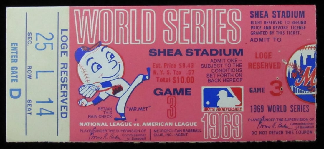 1969 World Series Game 3 Ticket Stub Mets vs Orioles Nolan Ryan Save (1 of 2)