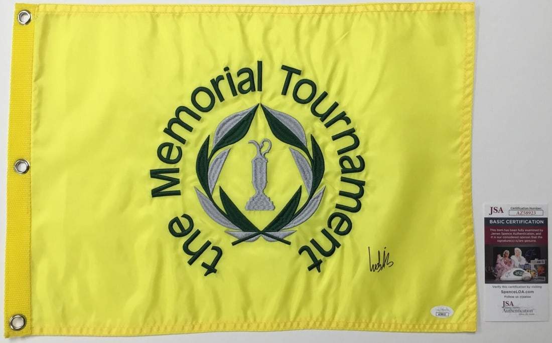 Ludvig Aberg Signed Pin Flag The Memorial Tournament JSA Authenticated: Ludvig Aberg Signed Pin Flag The Memorial Tournament JSA Authenticated This official pin flag from The Memorial Tournament features the authentic signature of PGA star Ludvig Aberg. The signature has