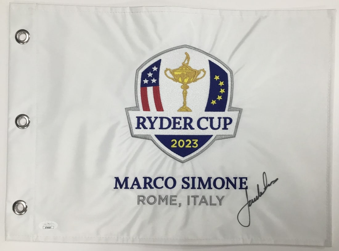 Jordan Spieth Signed 2023 Ryder Cup Pin Flag JSA Authenticated: Jordan Spieth Signed 2023 Ryder Cup Pin Flag JSA Authenticated Celebrate the spirit of golf with this original pin flag from the 2023 Ryder Cup in Rome, Italy, signed by the renowned player Jordan Spi