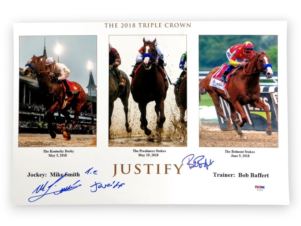 Mike Smith Bob Baffert Dual Signed 12x18 Photo Justify TC PSA/DNA: Mike Smith Bob Baffert Dual Signed 12x18 Photo Justify TC PSA/DNA This stunning 12x18 photo features the dual autographs of legendary jockey Mike Smith and renowned trainer Bob Baffert, commemorating
