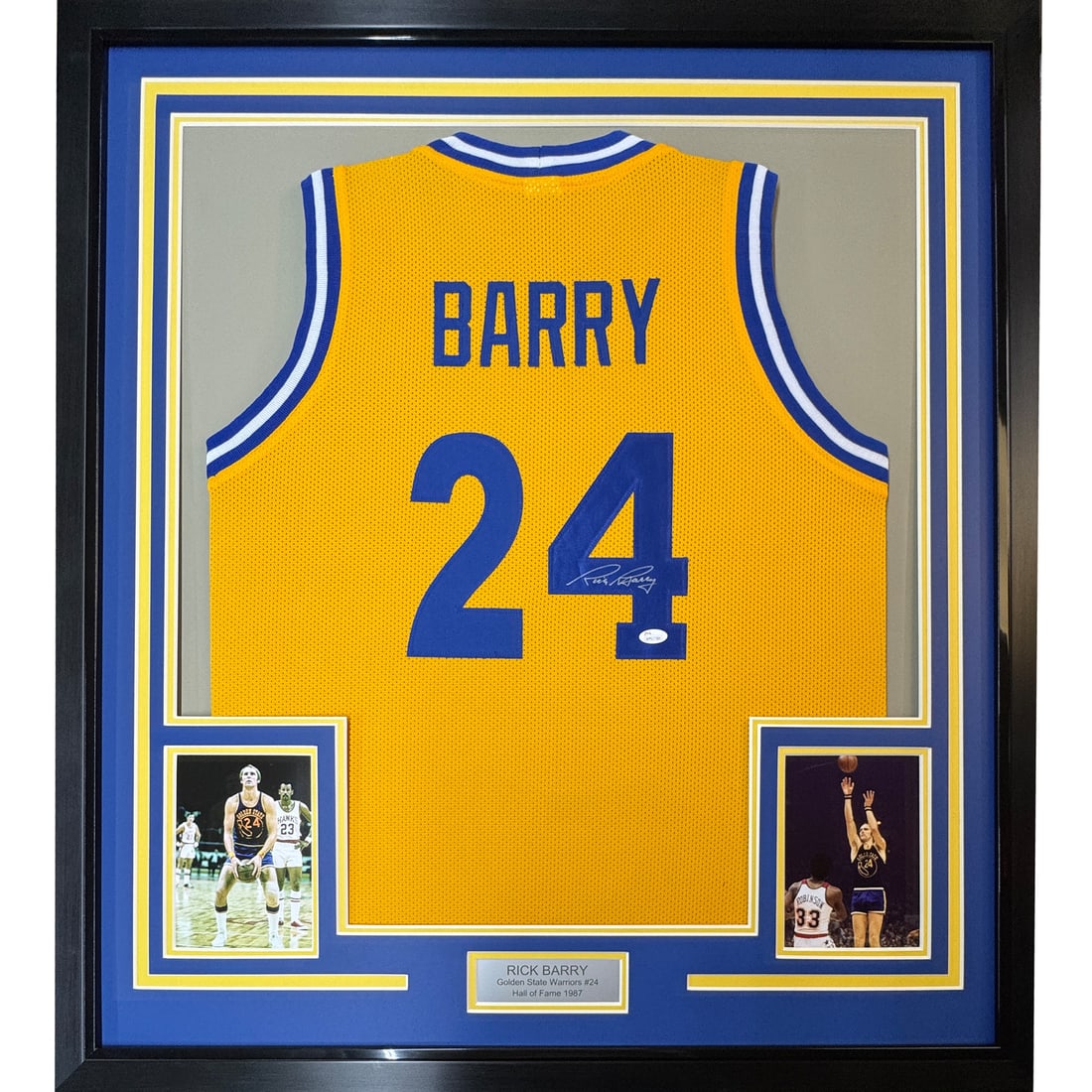 Framed Signed Rick Barry 33 Golden State Jersey JSA Authenticated Gem Mint: Framed Signed Rick Barry 33 Golden State Jersey JSA Authenticated Gem Mint This framed autographed jersey features the iconic name and number of Hall of Fame basketball player Rick Barry, known for hi