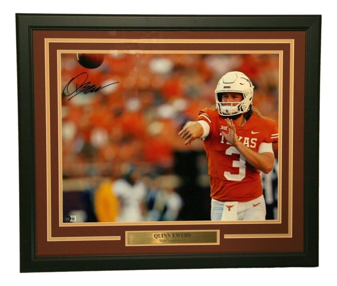 Quinn Ewers Autographed 16x20 Framed Texas Longhorns Photo BAS: Quinn Ewers Autographed 16x20 Framed Texas Longhorns Photo BAS This is a remarkable 16x20 framed photo of Quinn Ewers, a standout player for the Texas Longhorns football team. The photo features Ewers