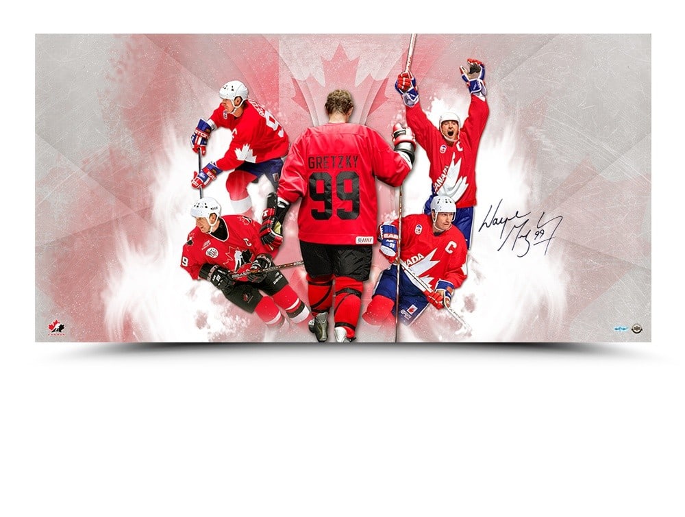 Wayne Gretzky Autographed 36x18 Photo Team Canada Upper Deck Authentication: Wayne Gretzky Autographed 36x18 Photo Team Canada Upper Deck Authentication Celebrate the legendary career of Wayne Gretzky with this autographed 36" x 18" photo titled "Homeland" featuring Team Canad