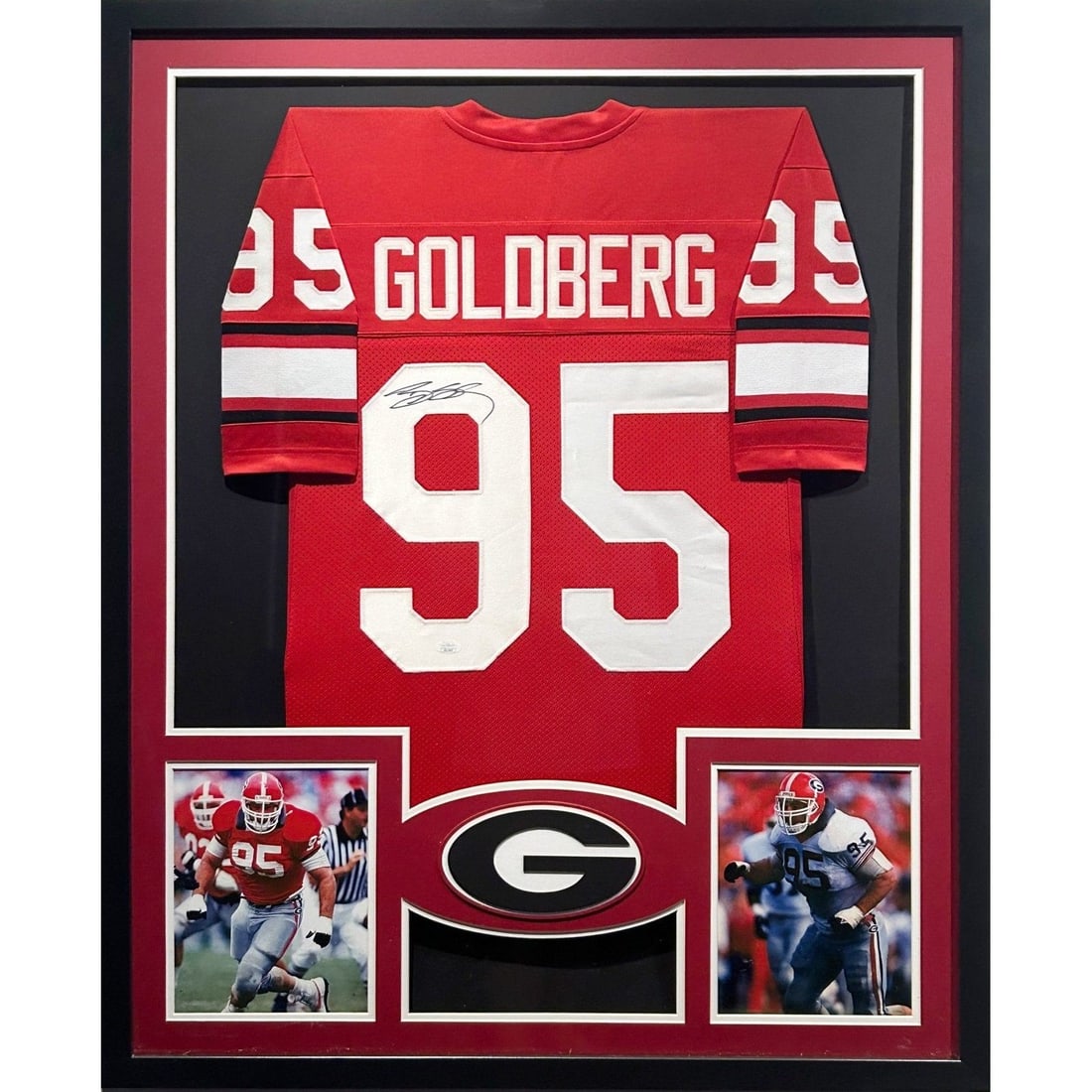 Bill Goldberg JSA Autographed Framed Jersey Georgia Bulldogs 43x36: Bill Goldberg JSA Autographed Framed Jersey Georgia Bulldogs 43x36 This autographed Bill Goldberg jersey is beautifully framed, showcasing the iconic Georgia Bulldogs logo. Authenticated by JSA, a lea