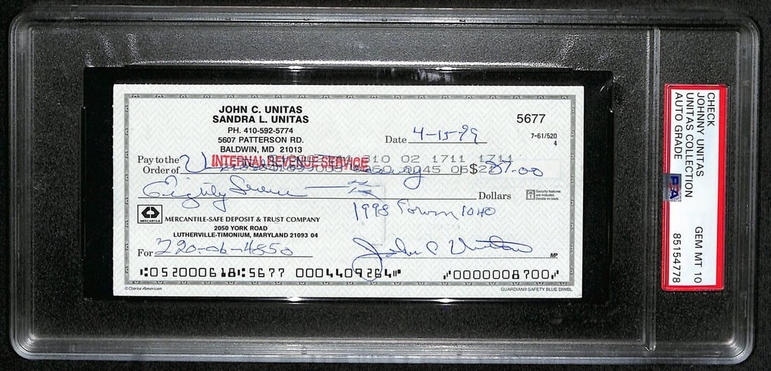 Johnny Unitas Signed 1999 Bank Check Colts PSA/DNA GEM MT 10 (1 of 2)