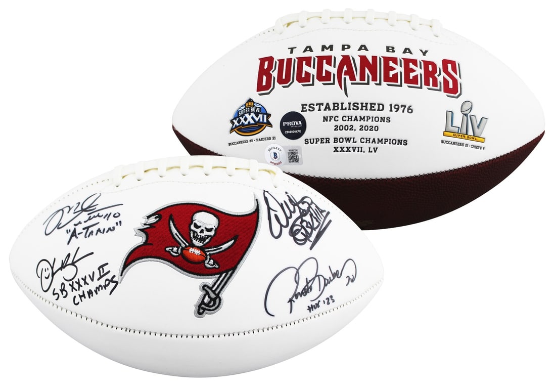 Tampa Bay Buccaneers Signed Wilson Football by Sapp Barber Alstott Brooks BAS: Tampa Bay Buccaneers Signed Wilson Football by Sapp Barber Alstott Brooks BAS This authentic Wilson White Panel Logo Football is a remarkable collectible featuring the signatures of four legendary Tam