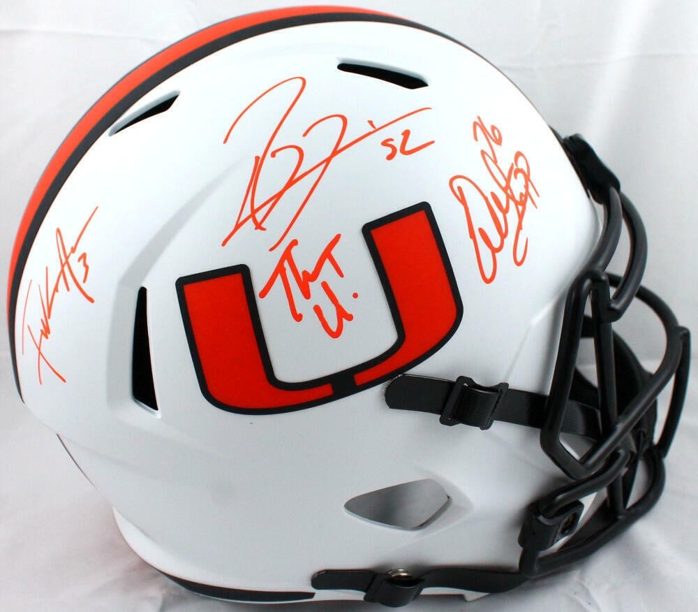 Miami Hurricanes F/S Lunar Speed Helmet Signed by Lewis Gore Sapp Beckett Authenticated: Miami Hurricanes F/S Lunar Speed Helmet Signed by Lewis Gore Sapp Beckett Authenticated This original Miami Hurricanes full-size Lunar Speed helmet is autographed by three legendary football players: