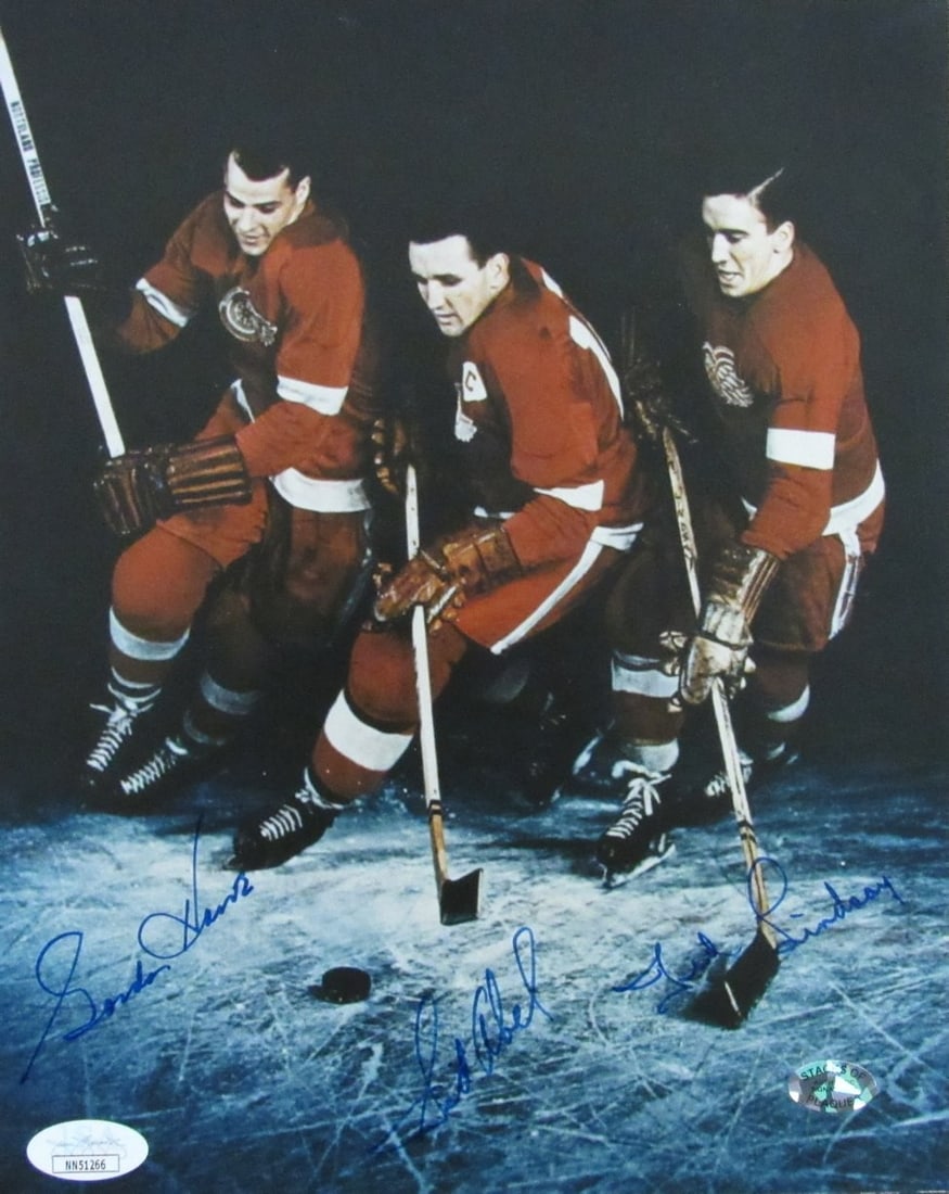 Gordie Howe Sid Abel Ted Lindsay Signed 8x10 Photo Red Wings JSA Authenticated: Gordie Howe Sid Abel Ted Lindsay Signed 8x10 Photo Red Wings JSA Authenticated This item features a multi-autographed 8x10 photo of legendary hockey players Gordie Howe, Sid Abel, and Ted Lindsay, all