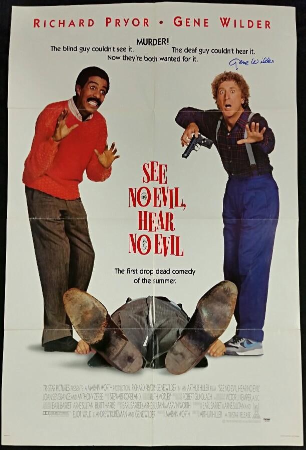 Gene Wilder Signed 27x40 See No Evil Hear No Evil Poster PSA/DNA COA: Gene Wilder Signed 27x40 See No Evil Hear No Evil Poster PSA/DNA COA This is an original poster for the film "See No Evil, Hear No Evil," featuring the signature of the legendary actor Gene Wilder. Th