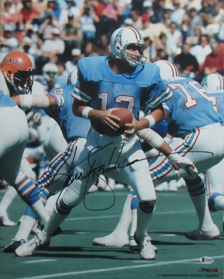 Ken Stabler Signed 16x20 Photo Houston Oilers Beckett Authenticated: Ken Stabler Signed 16x20 Photo Houston Oilers Beckett Authenticated This is a Ken Stabler Hall of Fame Houston Oilers signed 16x20 photo. The autograph has been authenticated by Beckett Authentication
