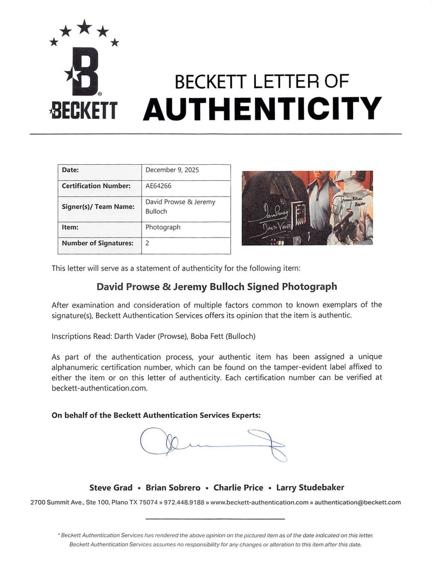 David Prowse Jeremy Bulloch Star Wars Signed 12x16 Photo BAS AE64266 - 4