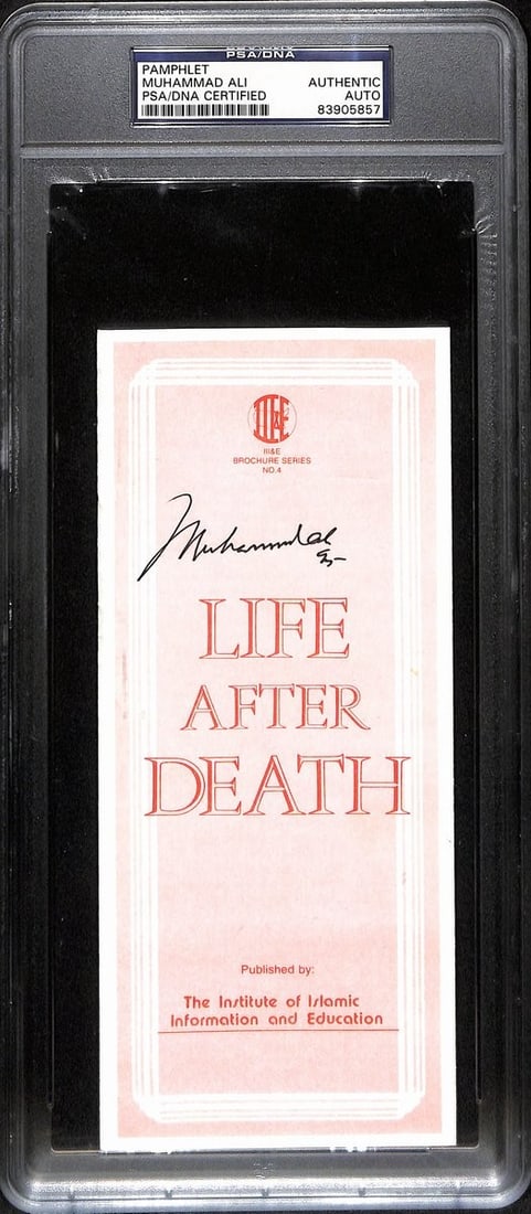 PSA DNA Authenticated Muhammad Ali Signed Islamic Pamphlet Encapsulated: PSA DNA Authenticated Muhammad Ali Signed Islamic Pamphlet Encapsulated This is an original Islamic pamphlet measuring 8.5 x 3.5 inches, signed by Muhammad Ali. The autograph has been authenticated by