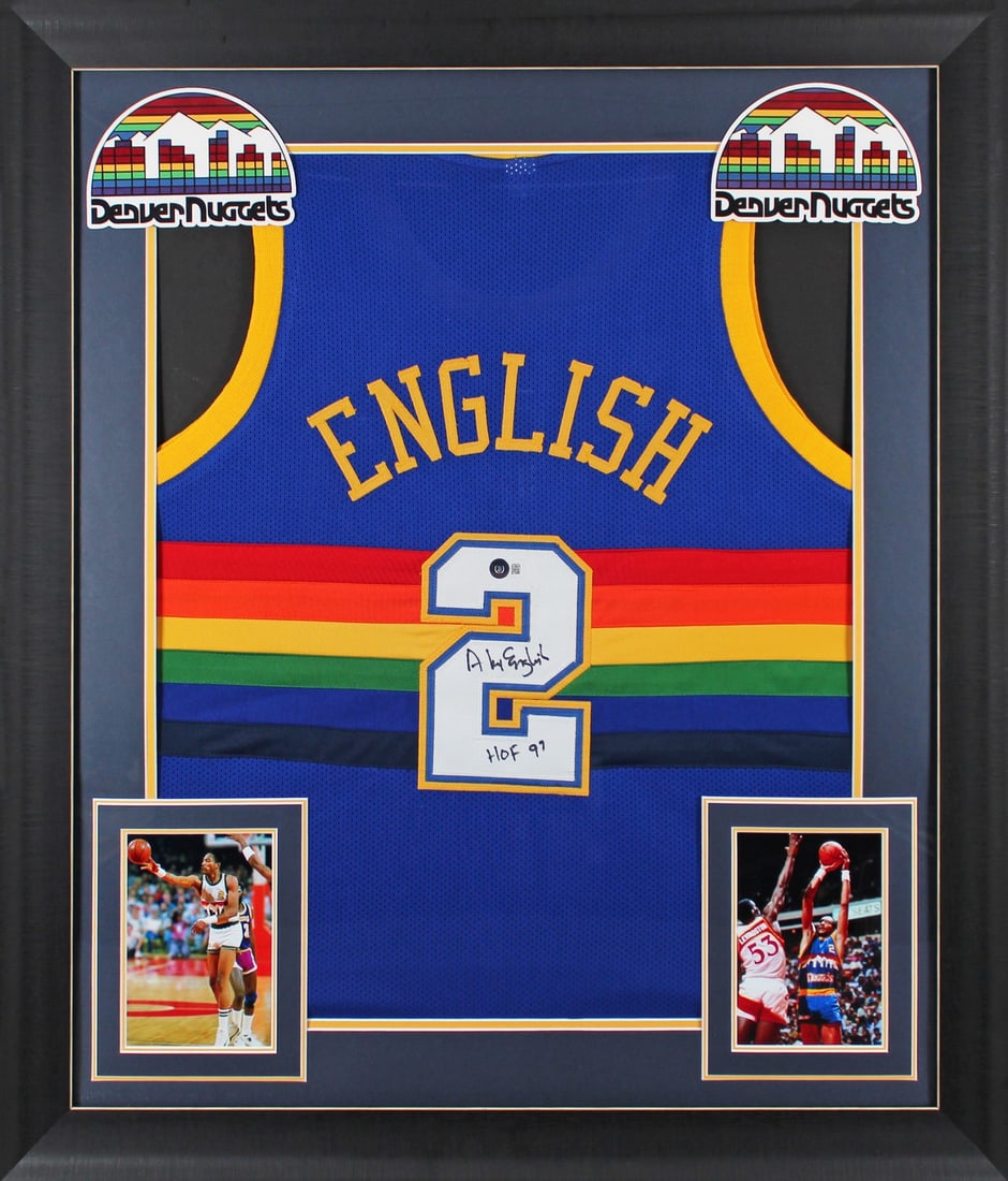Alex English Signed Blue Throwback Jersey HOF 97 Framed BAS Authenticated: Alex English Signed Blue Throwback Jersey HOF 97 Framed BAS Authenticated This stunning Blue Throwback Pro Style Framed Jersey is a must-have for fans of Alex English and the Denver Nuggets. Personall