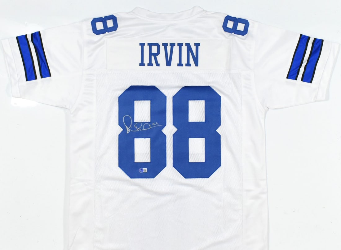 Michael Irvin Autographed Dallas Cowboys Pro Jersey Beckett Authenticated: Michael Irvin Autographed Dallas Cowboys Pro Jersey Beckett Authenticated This original Michael Irvin autographed white pro style jersey is a must-have for any Dallas Cowboys fan. The jersey features