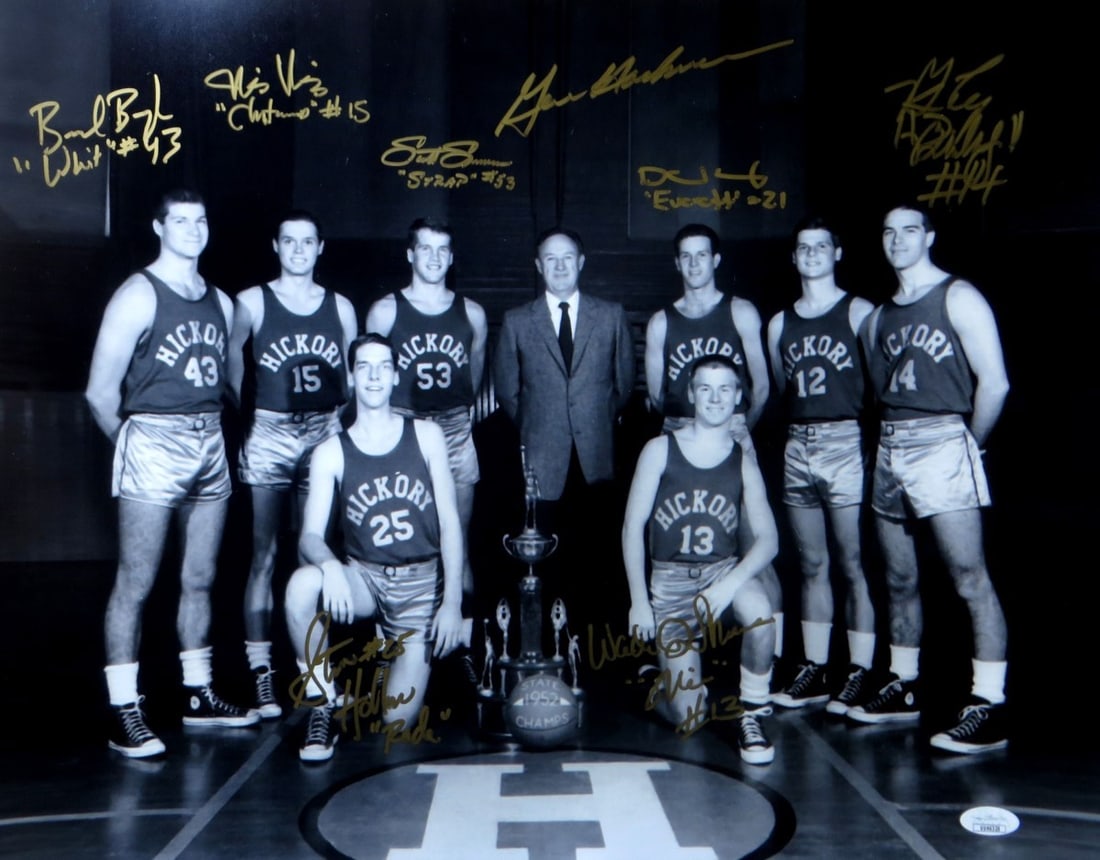 Hoosiers Autographed 16X20 Photo with Gene Hackman and 7 Cast Signatures JSA Authenticated: Hoosiers Autographed 16X20 Photo with Gene Hackman and 7 Cast Signatures JSA Authenticated This original 16X20 photograph features the cast of the beloved film 'Hoosiers,' autographed by the legendary