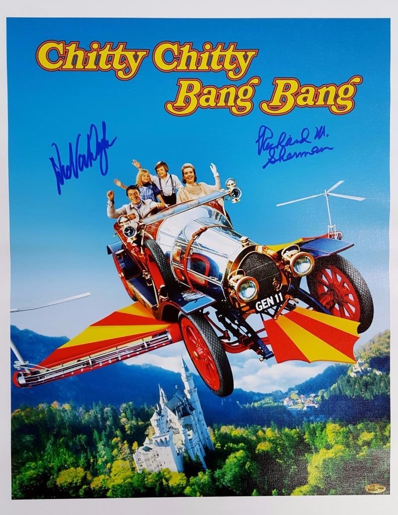 Chitty Chitty Bang Bang Signed Canvas by Dick Van Dyke Richard M Sherman COA: Chitty Chitty Bang Bang Signed Canvas by Dick Van Dyke Richard M Sherman COA This is a signed 16x20 canvas photograph from the classic movie "Chitty Chitty Bang Bang," featuring the signatures of Rich