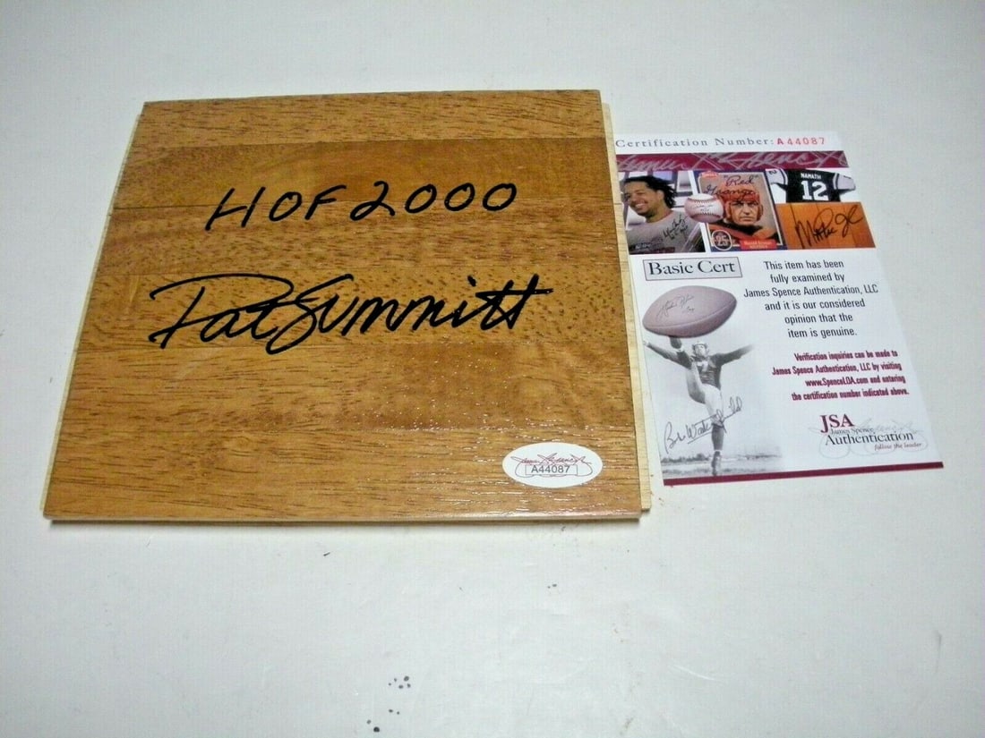 Pat Summitt Signed Floorboard Tennessee Volunteers HOF 2000 JSA COA: Pat Summitt Signed Floorboard Tennessee Volunteers HOF 2000 JSA COA This is an original floorboard signed by legendary coach Pat Summitt, commemorating her induction into the Hall of Fame in 2000. The