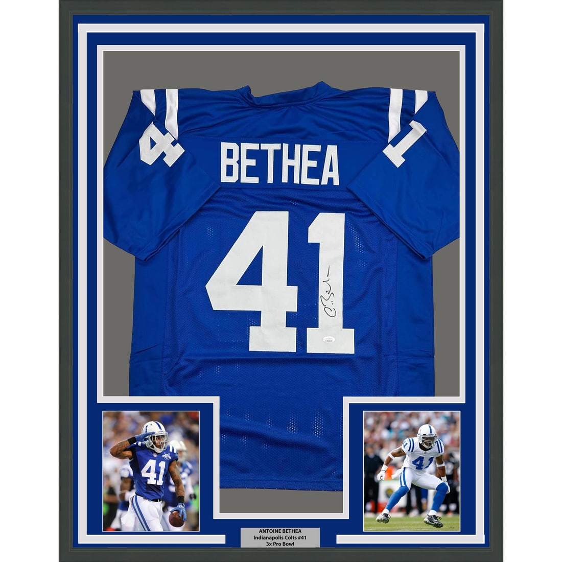 Antoine Bethea Signed Indianapolis Colts Jersey 35x39 Framed JSA Authenticated: Antoine Bethea Signed Indianapolis Colts Jersey 35x39 Framed JSA Authenticated This professionally framed and matted display features an autographed Indianapolis Colts blue jersey signed by Antoine Be