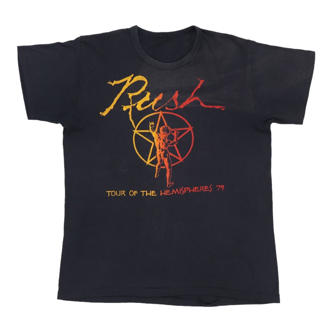 Vintage 1979 Rush Hemispheres Tour Black Poly Cotton Shirt: Vintage 1979 Rush Hemispheres Tour Black Poly Cotton Shirt This is an original vintage 1979 Rush Tour Of The Hemispheres shirt featuring both front and back graphics. The shirt is made from a 50/50 po