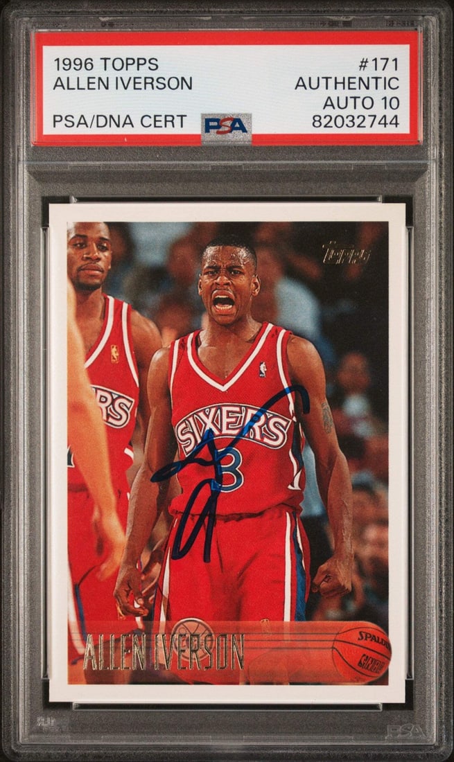 PSA 10 Allen Iverson 1996 Topps Rookie Card #171 Signed Gem Mint: PSA 10 Allen Iverson 1996 Topps Rookie Card #171 Signed Gem Mint This is an original 1996 Topps Allen Iverson #171 Rookie card, featuring an authentic autograph by Allen Iverson. The card has been pro