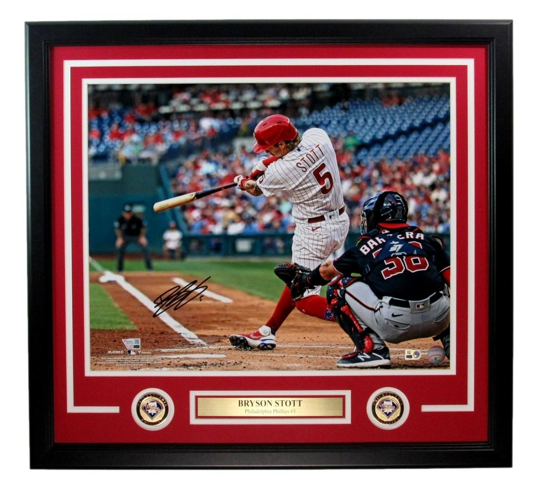 Bryson Stott Autographed 16x20 Framed Photo Phillies Fanatics Authenticated: Bryson Stott Autographed 16x20 Framed Photo Phillies Fanatics Authenticated Celebrate your love for baseball with this stunning Bryson Stott signed 16x20 photo of the Philadelphia Phillies, beautifull