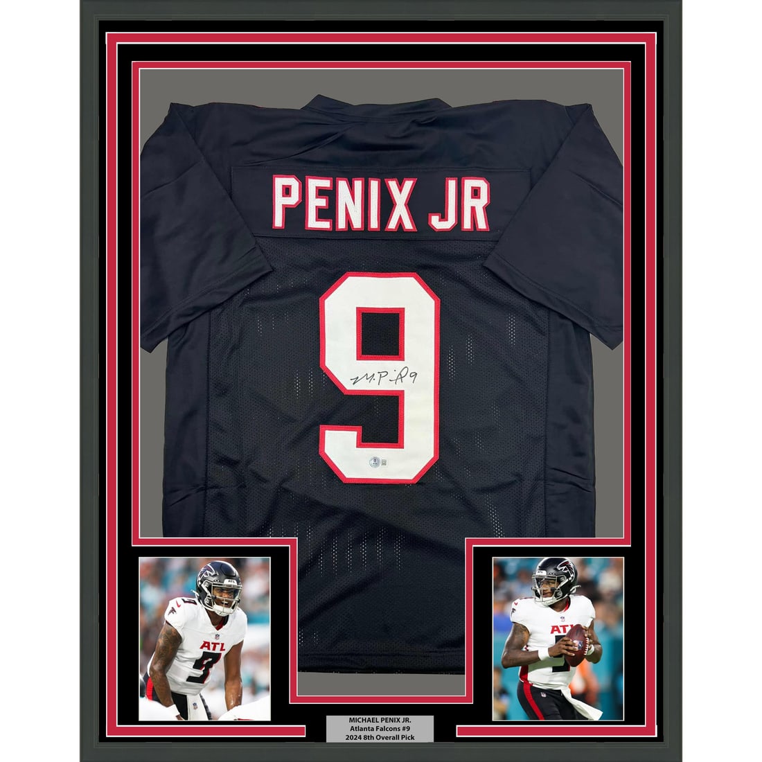 Framed Michael Penix Jr. Signed Jersey Atlanta Falcons BAS COA 35x39: Framed Michael Penix Jr. Signed Jersey Atlanta Falcons BAS COA 35x39 Showcase your love for the NFL with this professionally framed autographed black jersey of Michael Penix Jr., featuring the Atlanta