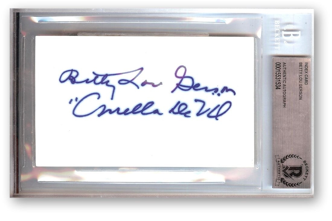 Betty Lou Gerson Autographed Index Card 101 Dalmatians Cruella Beckett Authenticated: Betty Lou Gerson Autographed Index Card 101 Dalmatians Cruella Beckett Authenticated This is an original autographed index card signed by Betty Lou Gerson, renowned for her role as Cruella de Vil in D