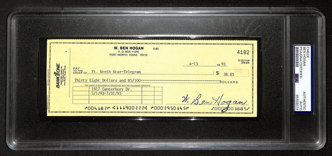 Ben Hogan Autographed 1993 Bank Check PSA/DNA Authenticated (1 of 2)