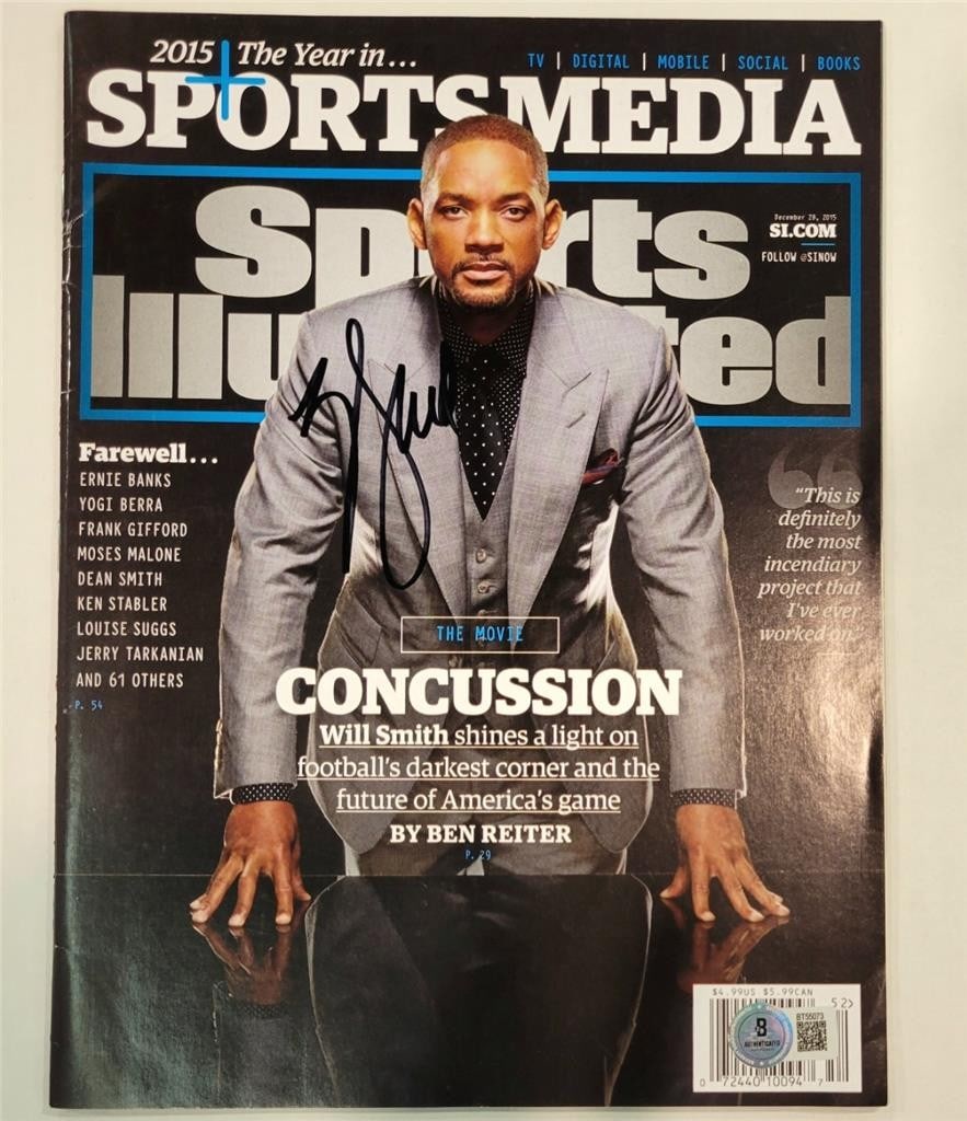 Will Smith Autographed Sports Illustrated Magazine Beckett Certified: Will Smith Autographed Sports Illustrated Magazine Beckett Certified This authentic Sports Illustrated magazine features the signature of Will Smith, known for his role in the movie *Concussion*. The