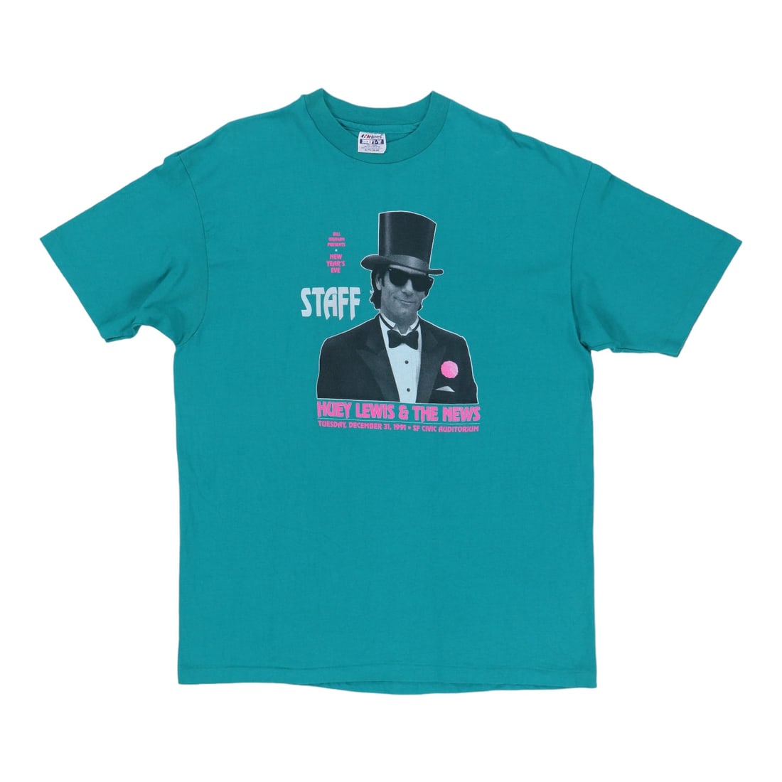 Vintage 1991 NYE Concert T-Shirt Huey Lewis and the News Bill Graham: Vintage 1991 NYE Concert T-Shirt Huey Lewis and the News Bill Graham This is an original vintage 1991 Huey Lewis & The News Bill Graham New Year's Eve concert shirt. Featuring front and back graphics,