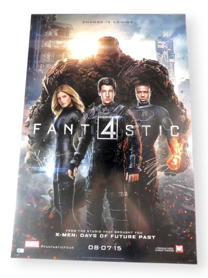 Fantastic Four Signed 27X40 Poster by Teller Mara Jordan Bell Beckett Authenticated: Fantastic Four Signed 27X40 Poster by Teller Mara Jordan Bell Beckett Authenticated This original 27X40 poster features the iconic cast of the Fantastic Four, signed by Miles Teller, Kate Mara, Michae