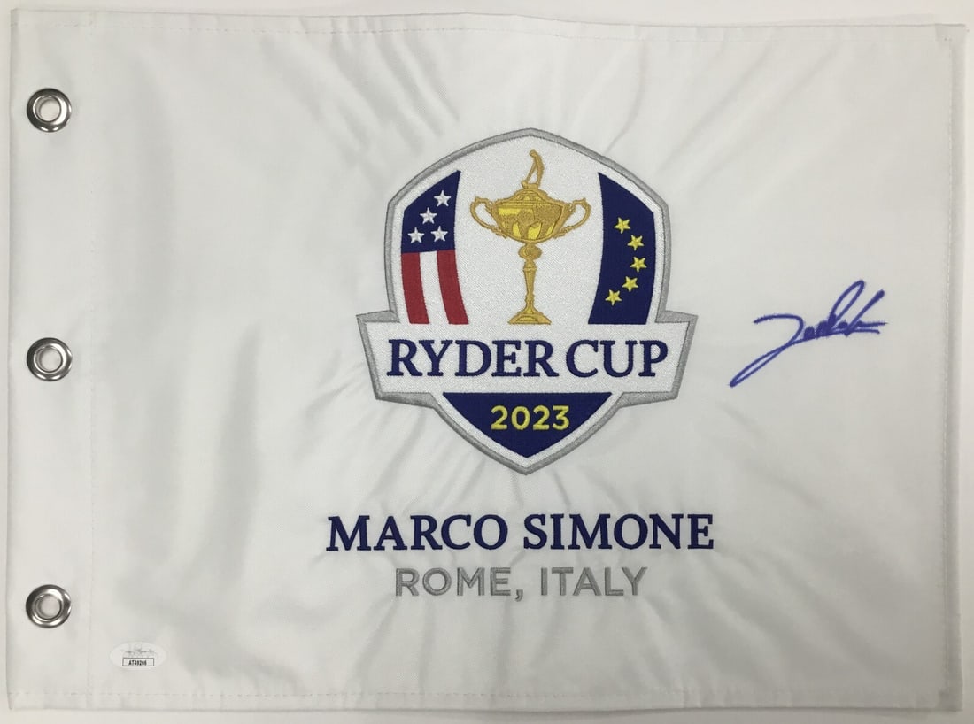 Jon Rahm Signed 2023 Ryder Cup Pin Flag JSA Certified: Jon Rahm Signed 2023 Ryder Cup Pin Flag JSA Certified This is an official 2023 Ryder Cup pin flag, beautifully signed by professional golfer Jon Rahm. The flag commemorates the prestigious golf tourna