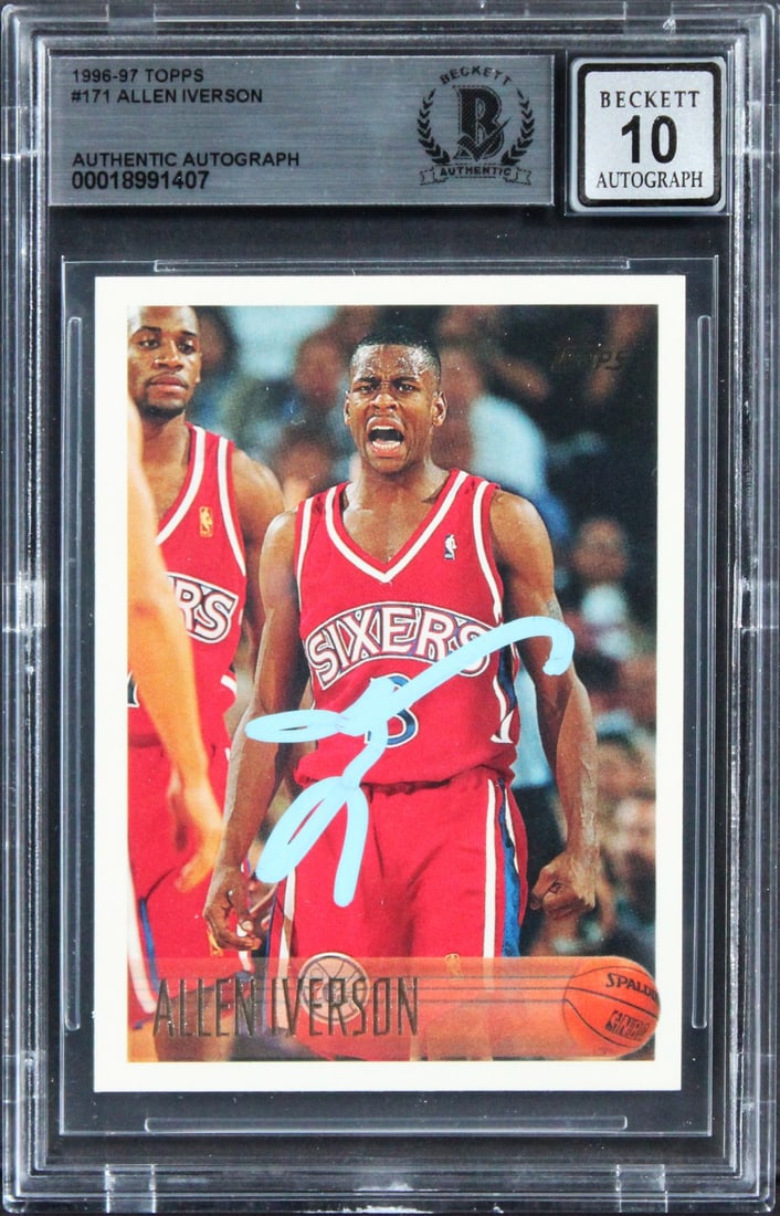 Allen Iverson 1996 Topps Rookie Card Signed Graded 10 Beckett: Allen Iverson 1996 Topps Rookie Card Signed Graded 10 Beckett This is a remarkable 1996 Topps #171 Rookie Card of Allen Iverson, featuring a Gem Mint 10 grading from Beckett Authentication Services. T