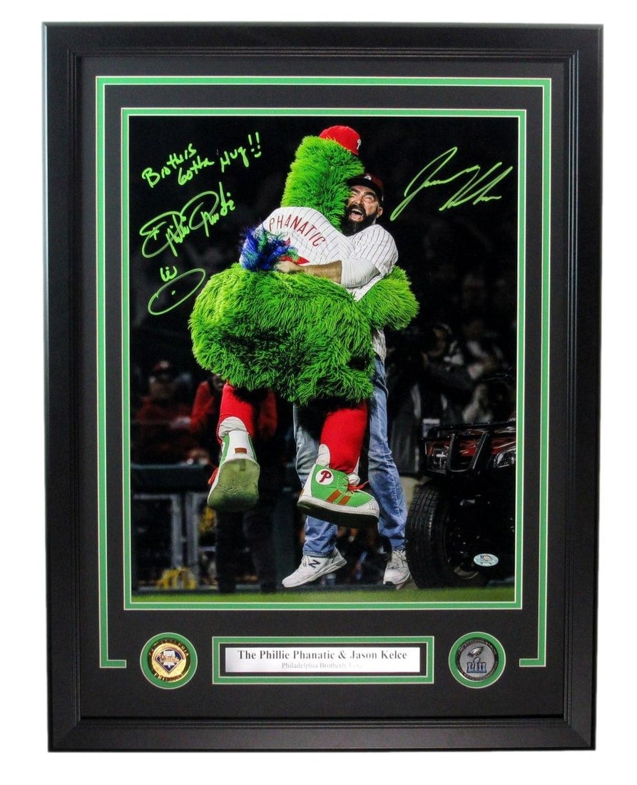 Jason Kelce Phillies Phanatic Dual-Signed 16x20 Photo Framed PSA/DNA: Jason Kelce Phillies Phanatic Dual-Signed 16x20 Photo Framed PSA/DNA This stunning 16x20 photo features dual signatures from Jason Kelce and the Phillies Phanatic, beautifully framed to enhance any sp
