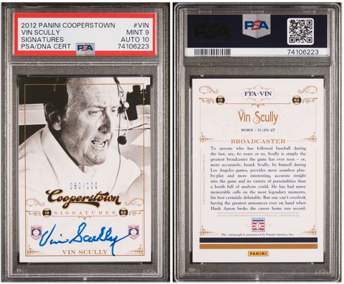 Vin Scully 2012 Panini Cooperstown Signatures PSA 9/10 Dodgers Card 80/100: Vin Scully 2012 Panini Cooperstown Signatures PSA 9/10 Dodgers Card 80/100 Celebrate baseball history with this Vin Scully 2012 Panini Cooperstown Signatures card. Featuring a signature from the legen