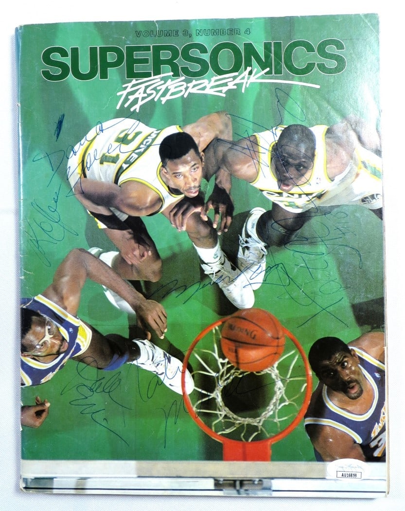 Seattle Supersonics Multi Signed Magazine K.C. Jones Dana Barros JSA Authenticated: Seattle Supersonics Multi Signed Magazine K.C. Jones Dana Barros JSA Authenticated This original Seattle Supersonics magazine is a remarkable collectible featuring multi signatures from notable player