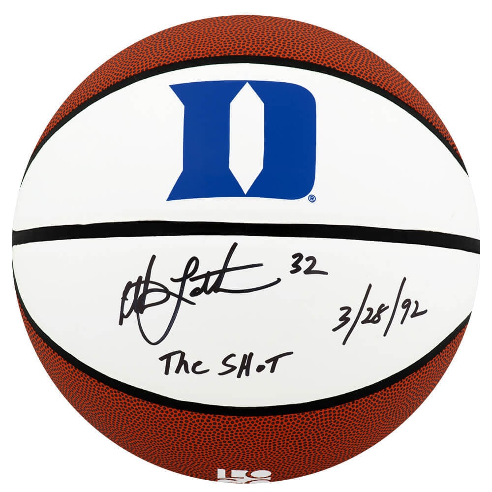 Christian Laettner Signed Duke Basketball with The Shot Inscription: Christian Laettner Signed Duke Basketball with The Shot Inscription This is a Christian Laettner signed Duke Blue Devils Logo Brands white basketball, featuring the inscription 'The Shot 3-28-92'. The