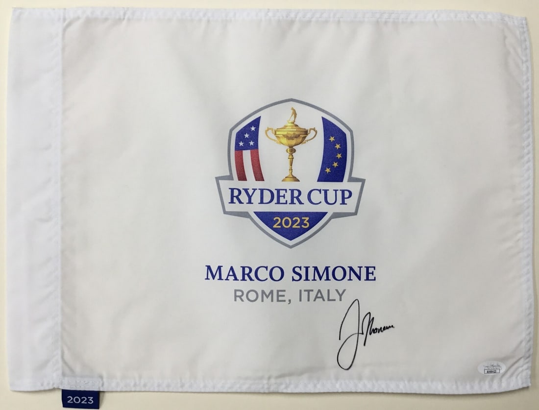 Jon Rahm Signed 2023 Ryder Cup Flag JSA Authenticated Italy: Jon Rahm Signed 2023 Ryder Cup Flag JSA Authenticated Italy This is an original signed pin flag from the 2023 Ryder Cup held in Rome, Italy, featuring the autograph of PGA star Jon Rahm. The signature